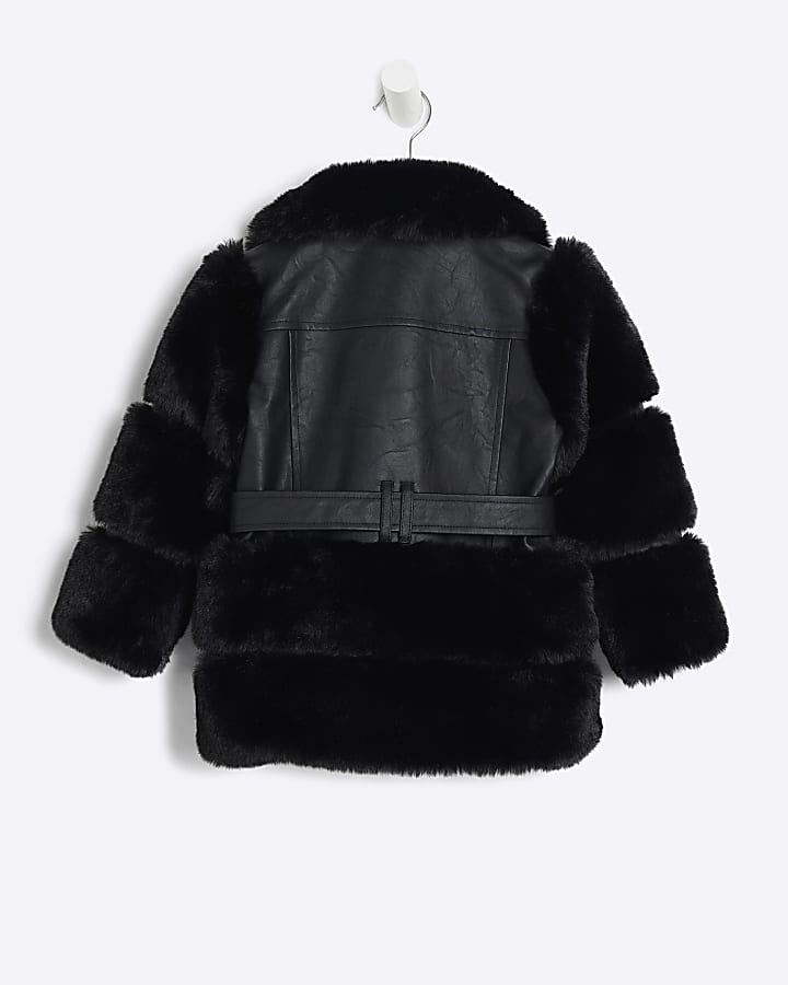 Mini Girls Black faux fur biker jacket