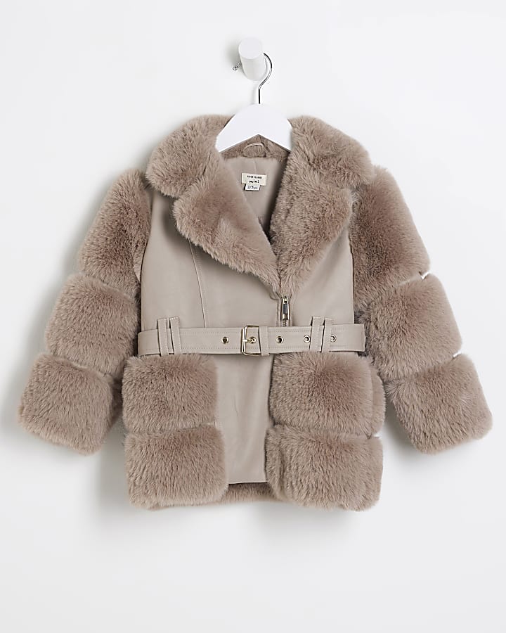 Mini Girls Brown Faux Fur Biker Jacket