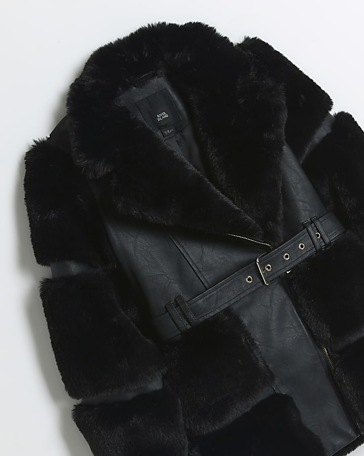 Girls Black faux fur biker jacket