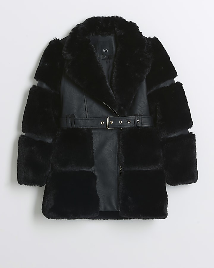 Girls Black faux fur biker jacket