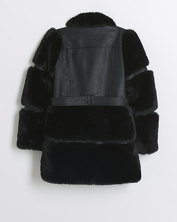 Girls Black faux fur biker jacket