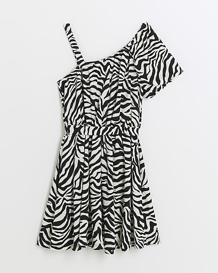 Girls white zebra textured one shoulder dress