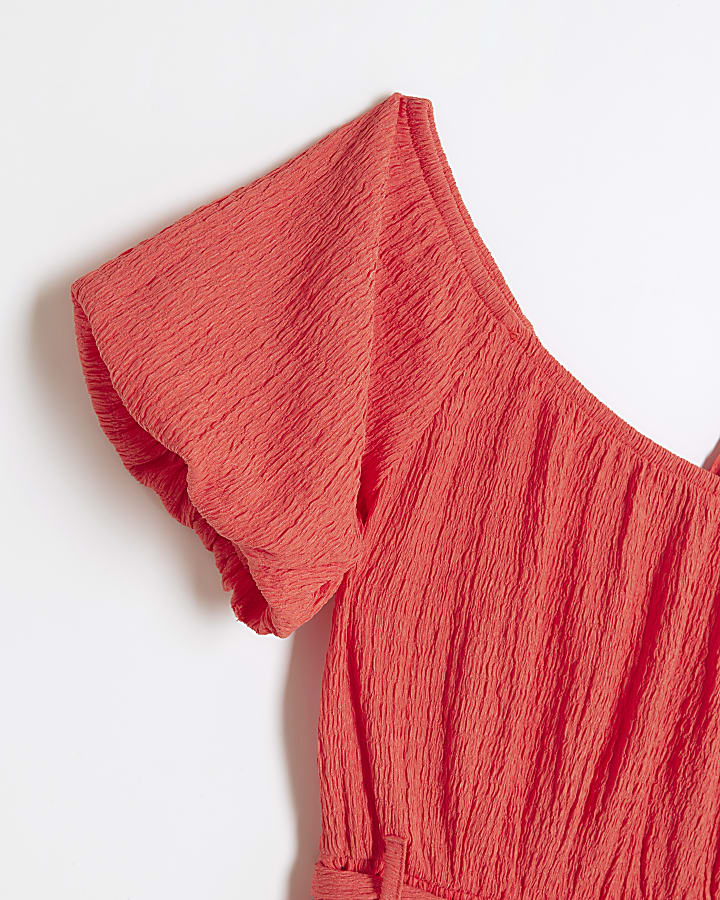 Girls coral textured one shoulder dress