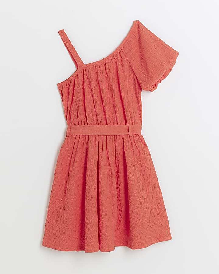 Girls coral textured one shoulder dress