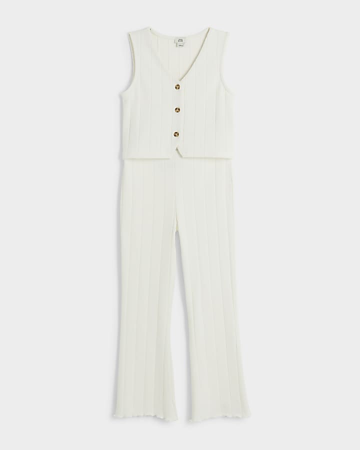 Girls White Ribbed Waistcoat And Trousers Set