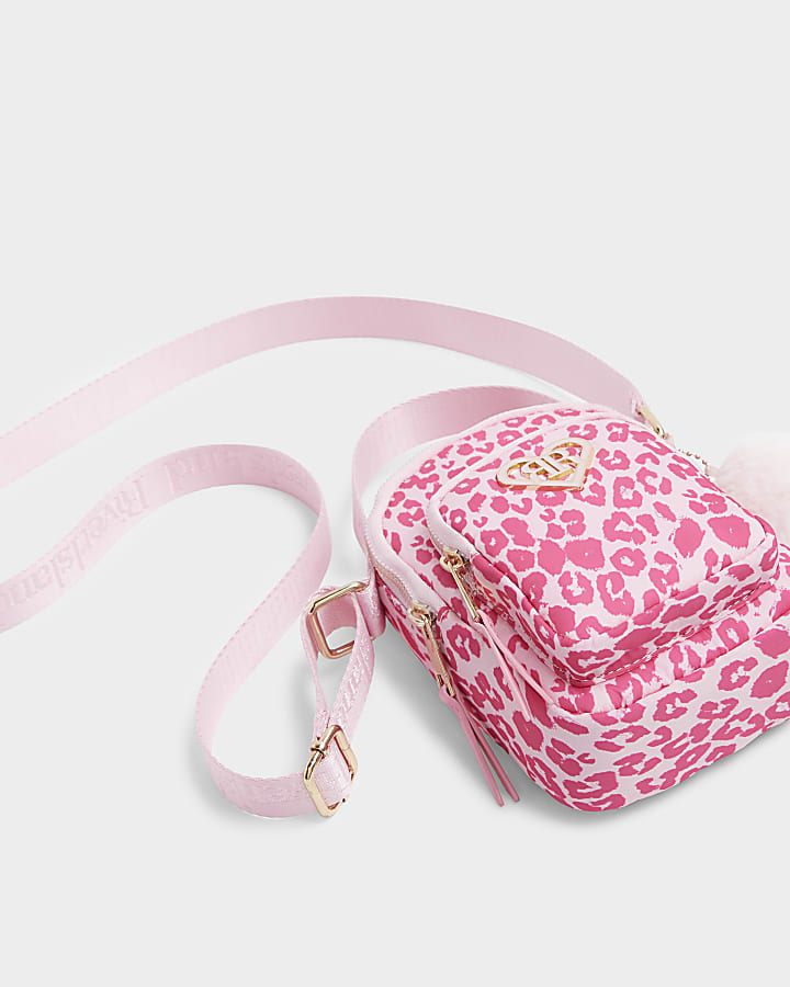 Girls pink leopard print cross body bag