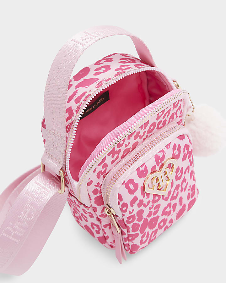 Girls pink leopard print cross body bag