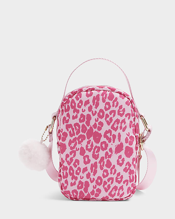 Girls pink leopard print cross body bag