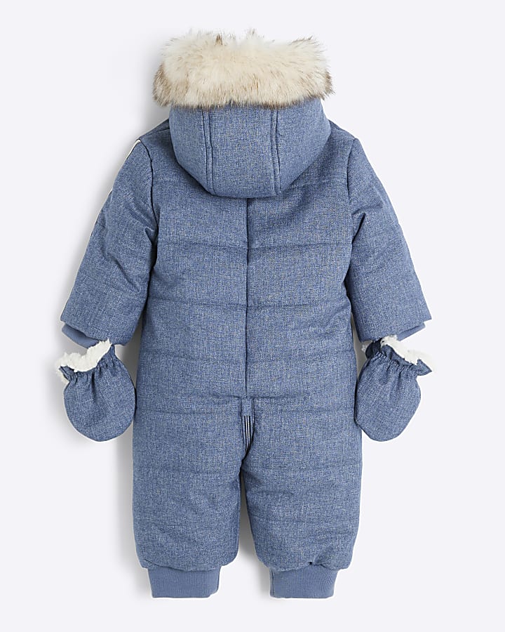 Baby boys navy hooded snowsuit and mittens
