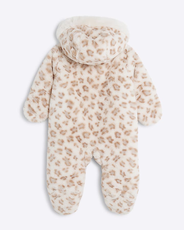 Baby Girls Brown Leopard Faux Fur Snowsuit