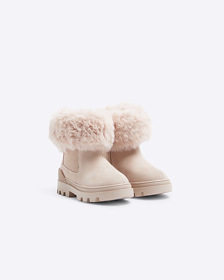 Mini Girls Pink Faux Fur Cuff Boots