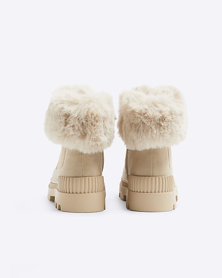 Girls Beige Faux Fur Trim Boots