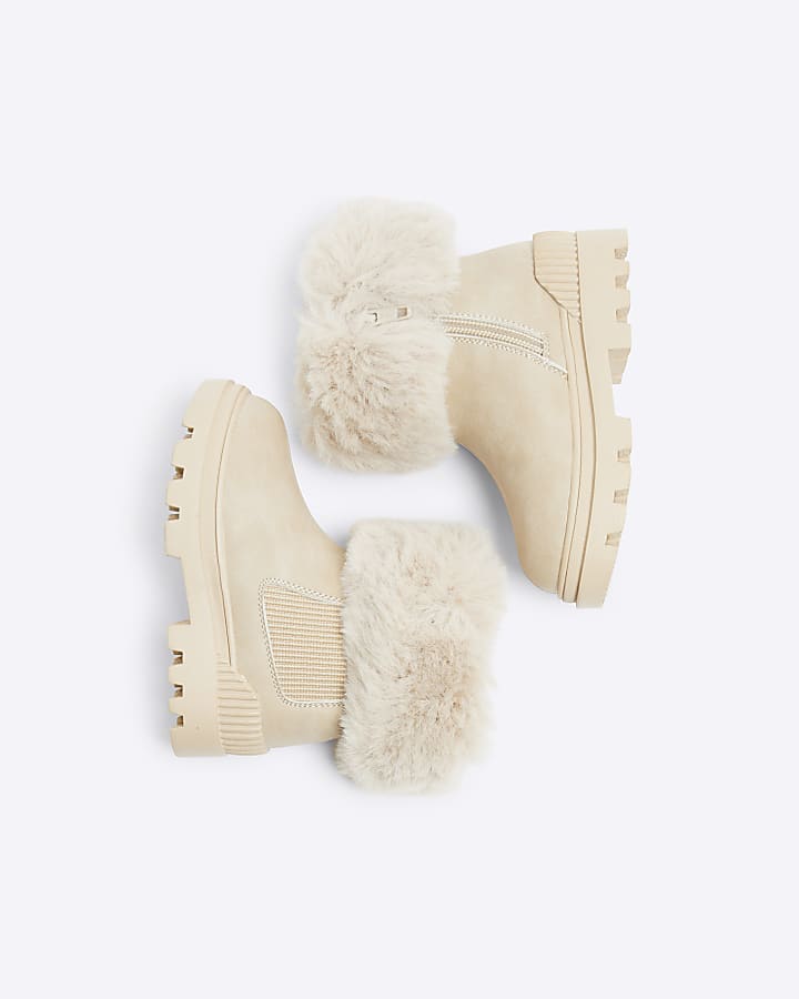 Girls Beige Faux Fur Trim Boots