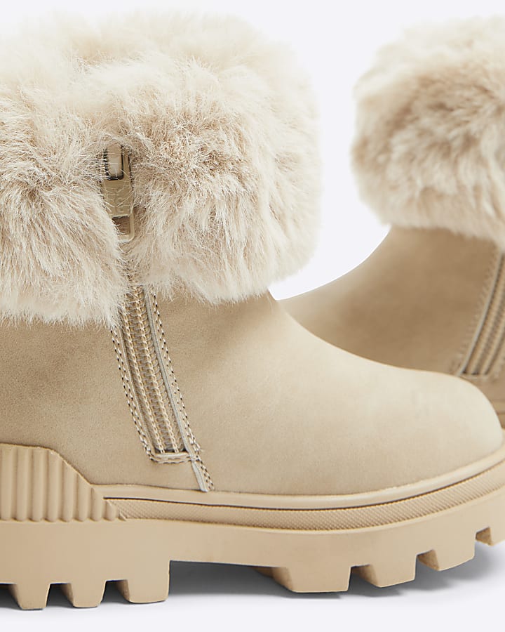 Girls Beige Faux Fur Trim Boots