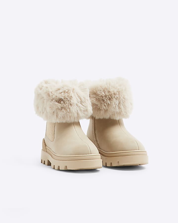 Girls Beige Faux Fur Trim Boots