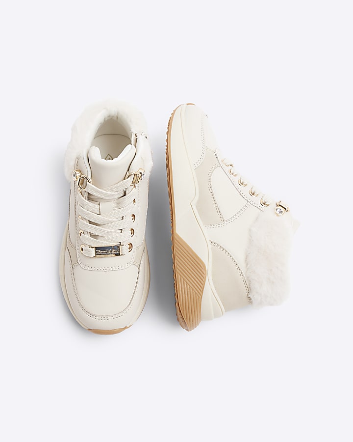 Girls cream faux fur cuff trainers
