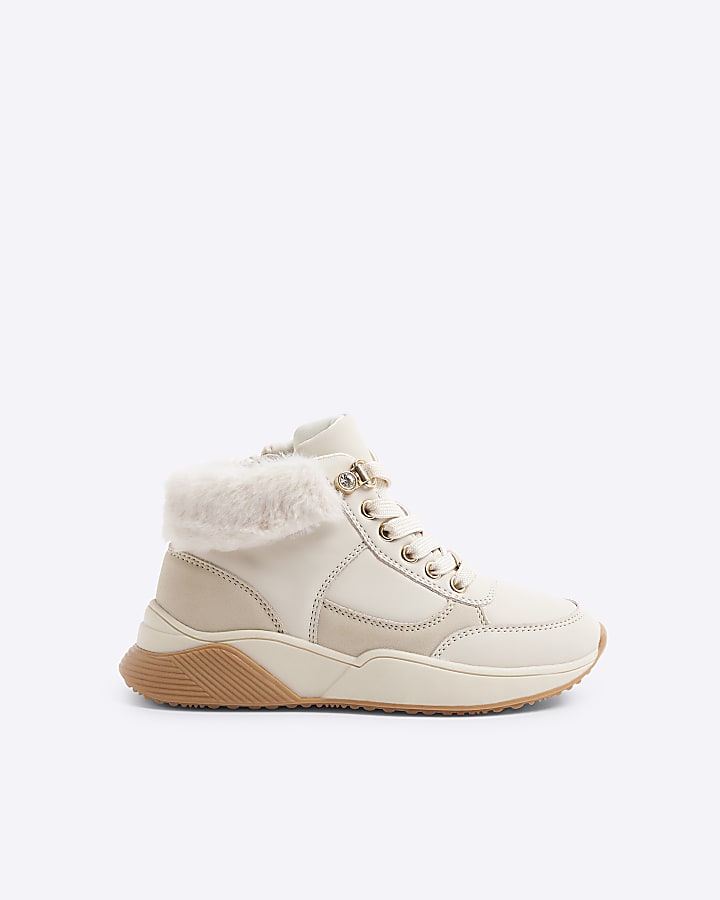 Girls cream faux fur cuff trainers