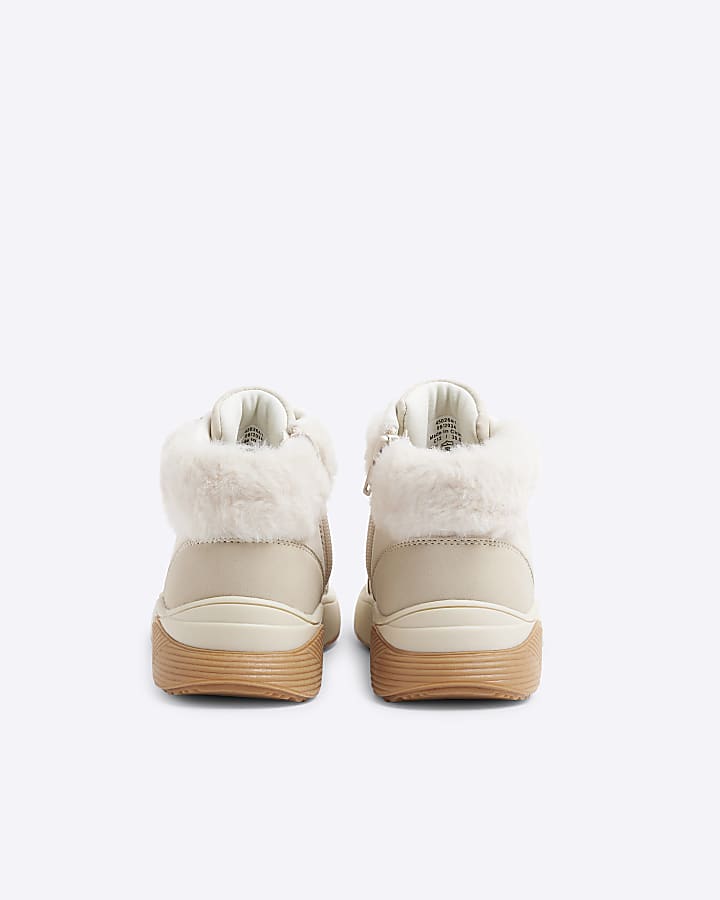 Girls cream faux fur cuff trainers