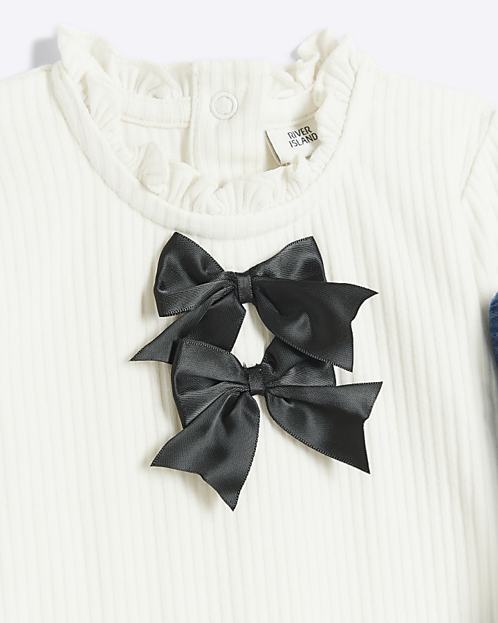 Baby girls blue denim bow pinafore dress set