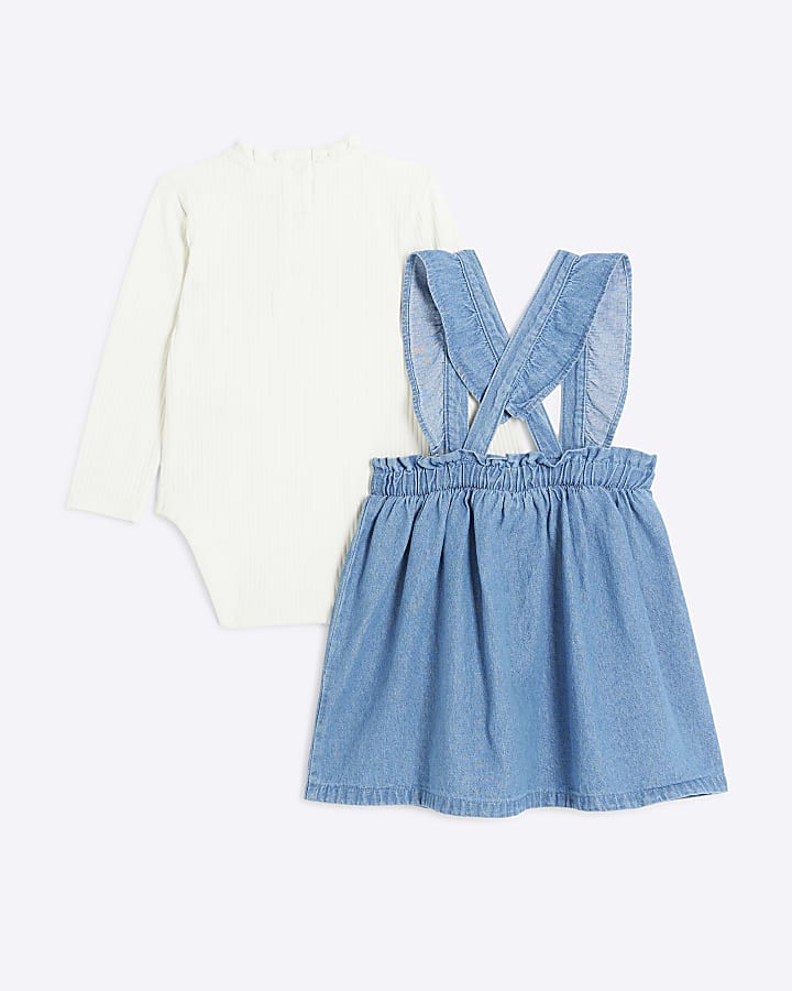Baby girls blue denim bow pinafore dress set