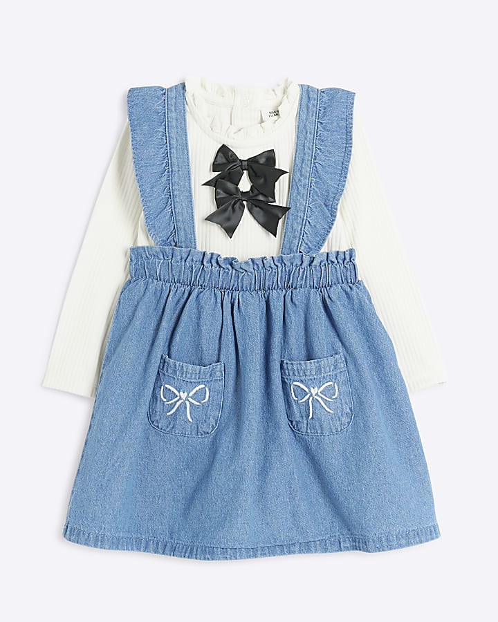 Baby girls blue denim bow pinafore dress set
