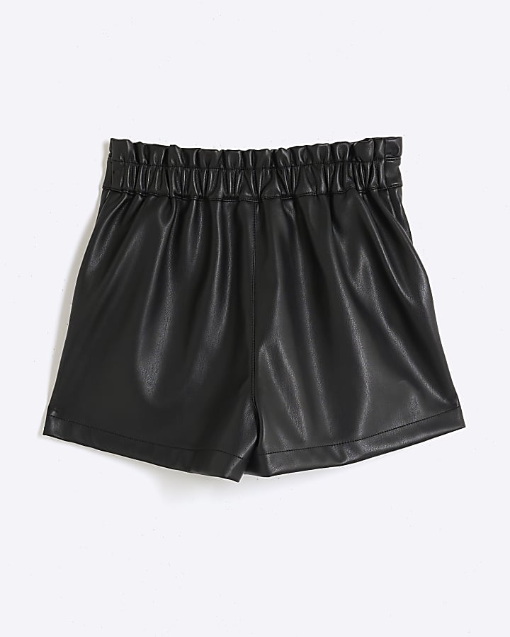 Girls black faux leather button shorts