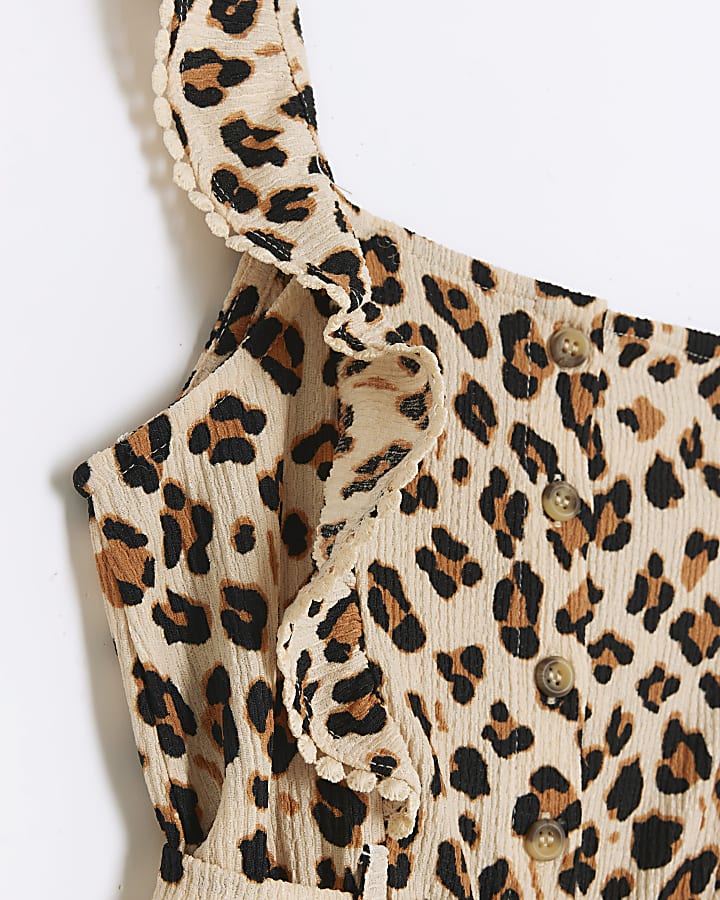 Girls brown seersucker leopard print playsuit