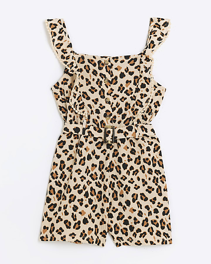 Girls brown seersucker leopard print playsuit River Island