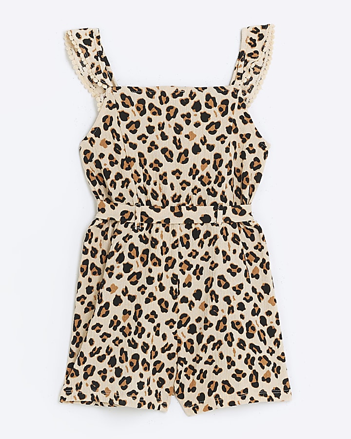 Girls brown seersucker leopard print playsuit