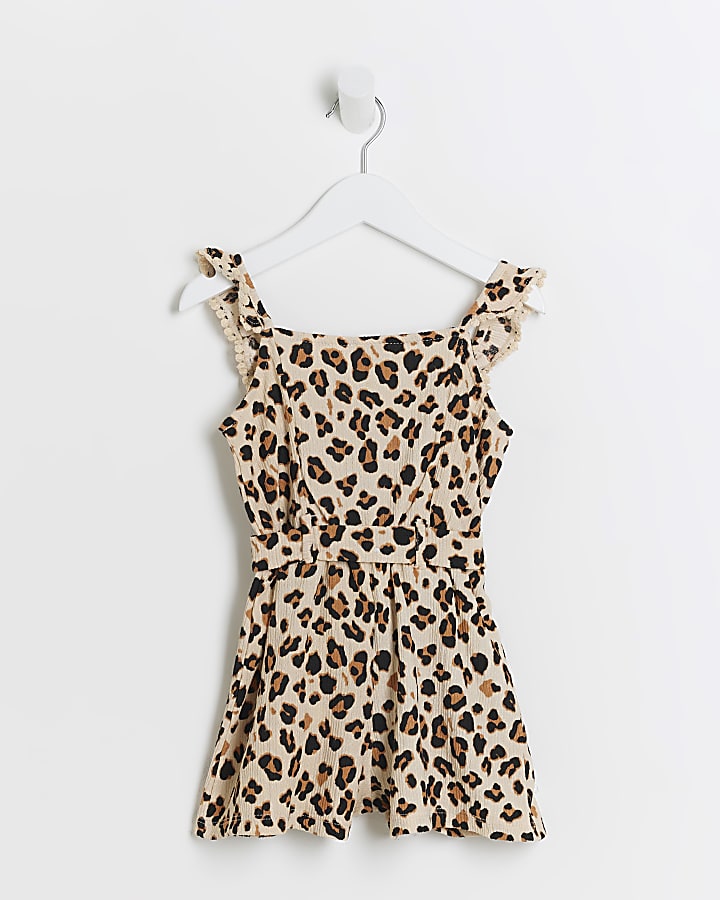 Mini girls brown leopard belted playsuit