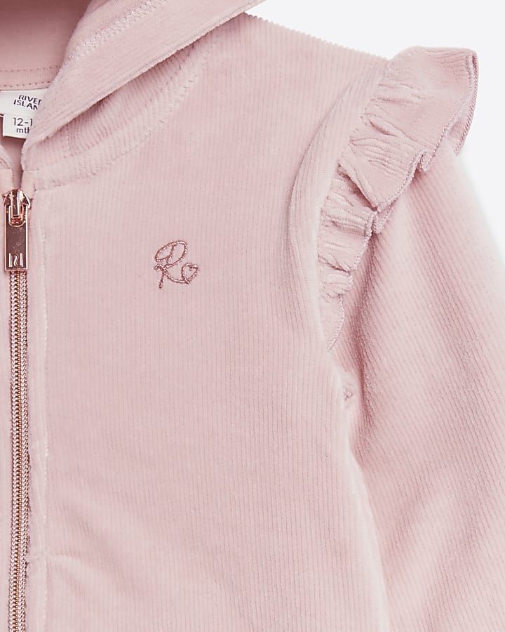 Baby girls pink velour frill hoodie set