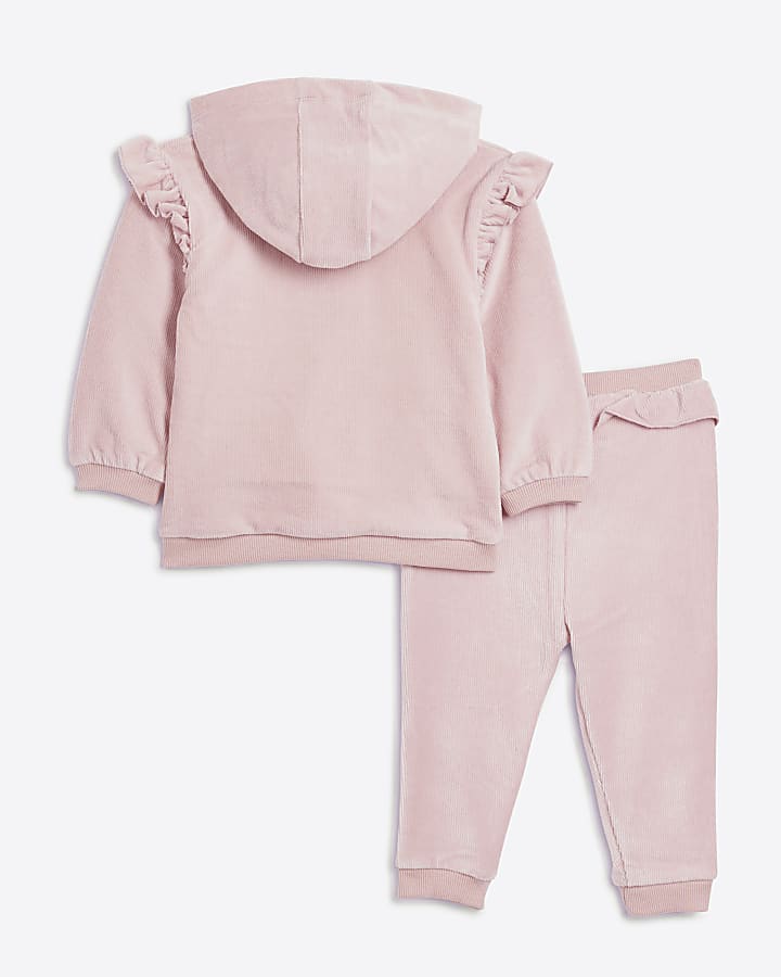 Baby girls pink velour frill hoodie set