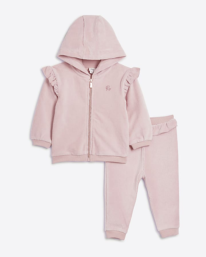 Baby girls pink velour frill hoodie set River Island