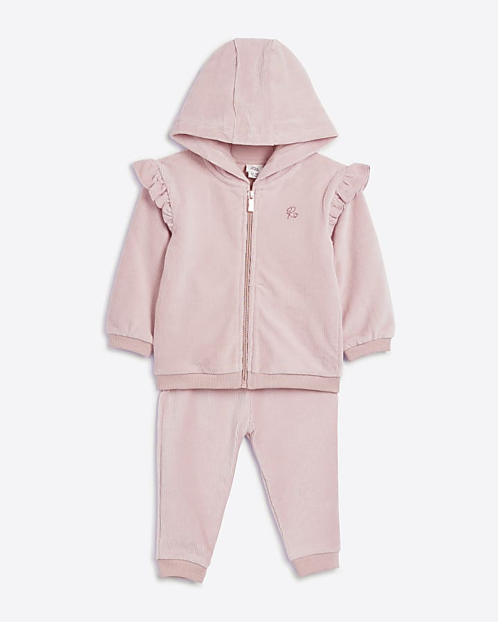 Baby girls pink velour frill hoodie set