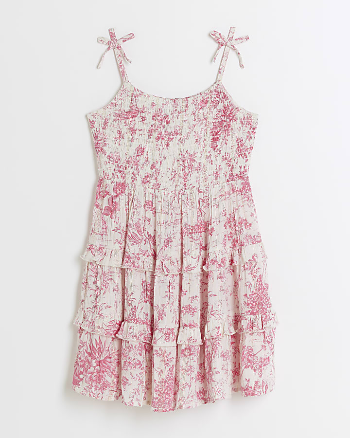 Girls pink floral shirred beach dress