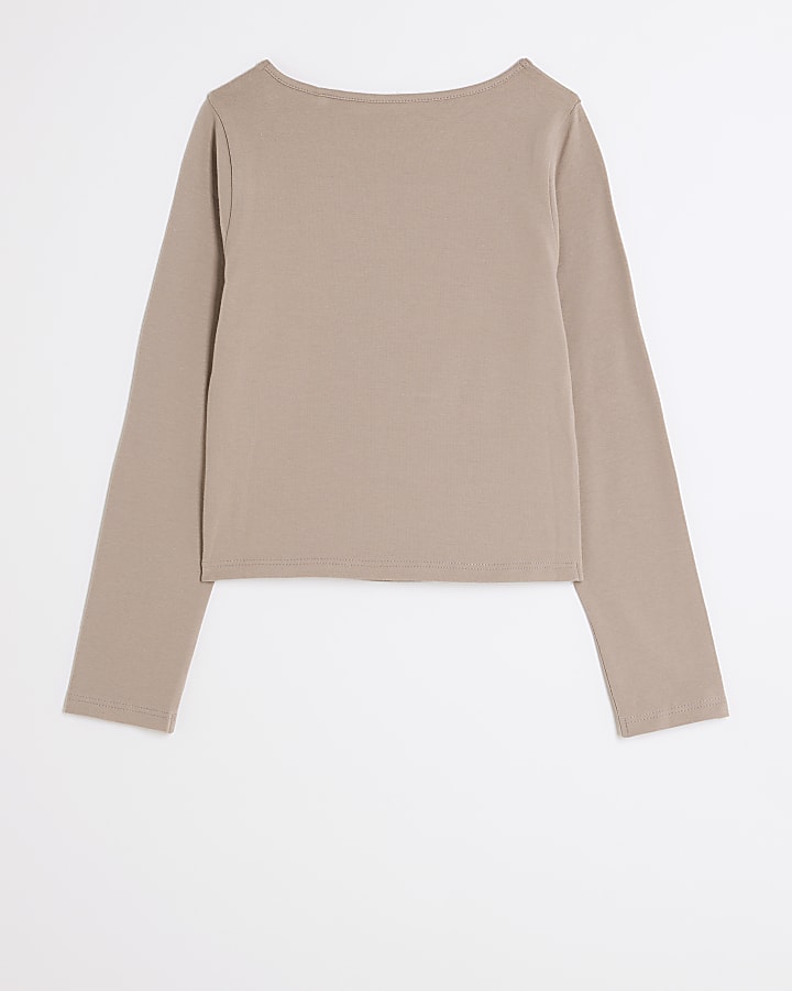 Girls beige square neck long sleeve top