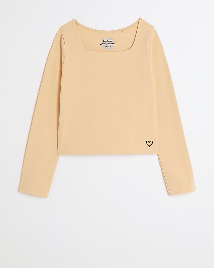 Girls coral square neck long sleeve top