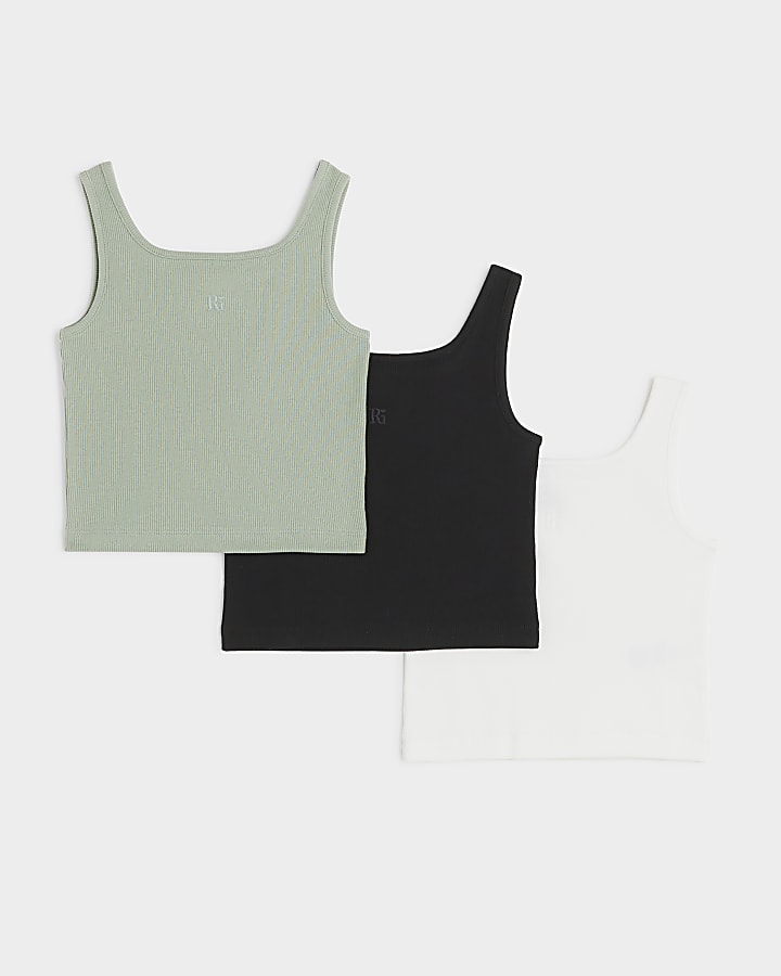 Girls khaki ribbed square neck vest 3 pack