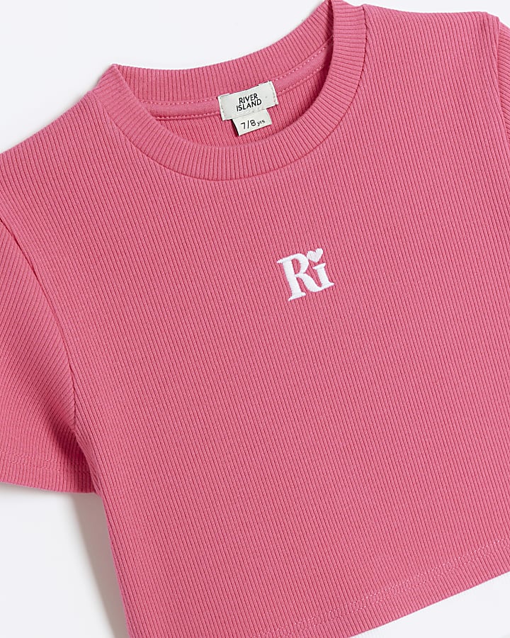 Girls pink ribbed double hem t-shirt