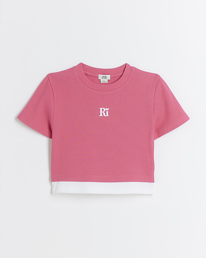 Girls pink ribbed double hem t-shirt