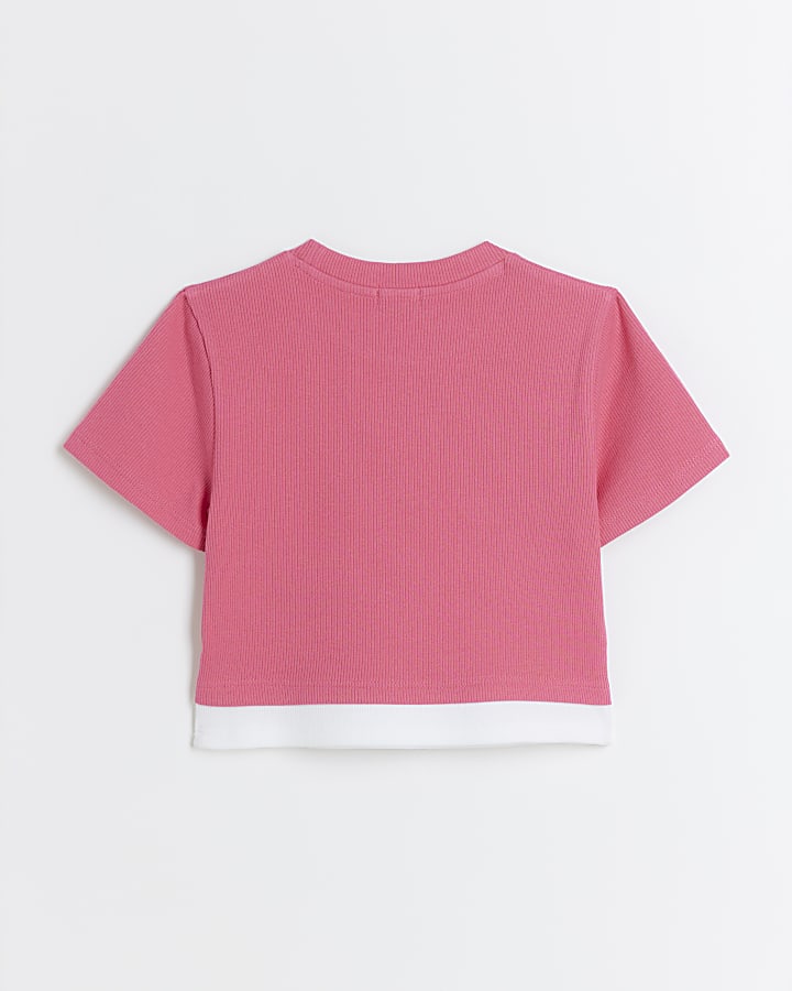 Girls pink ribbed double hem t-shirt