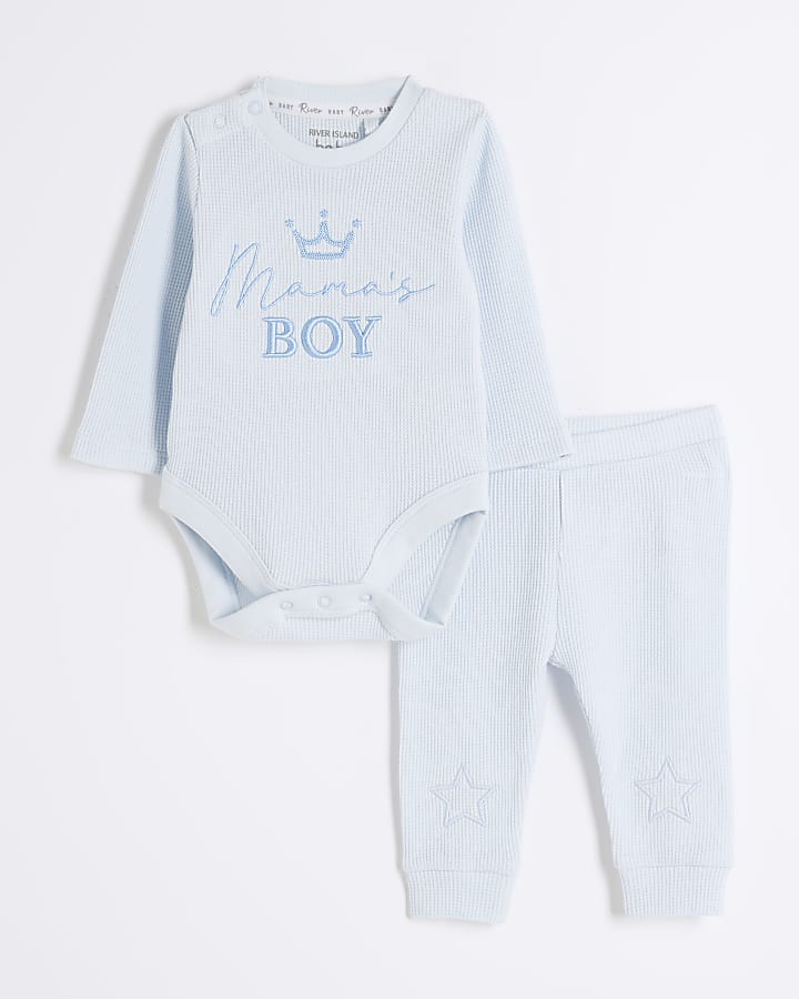 Baby boys blue waffle babygrow set