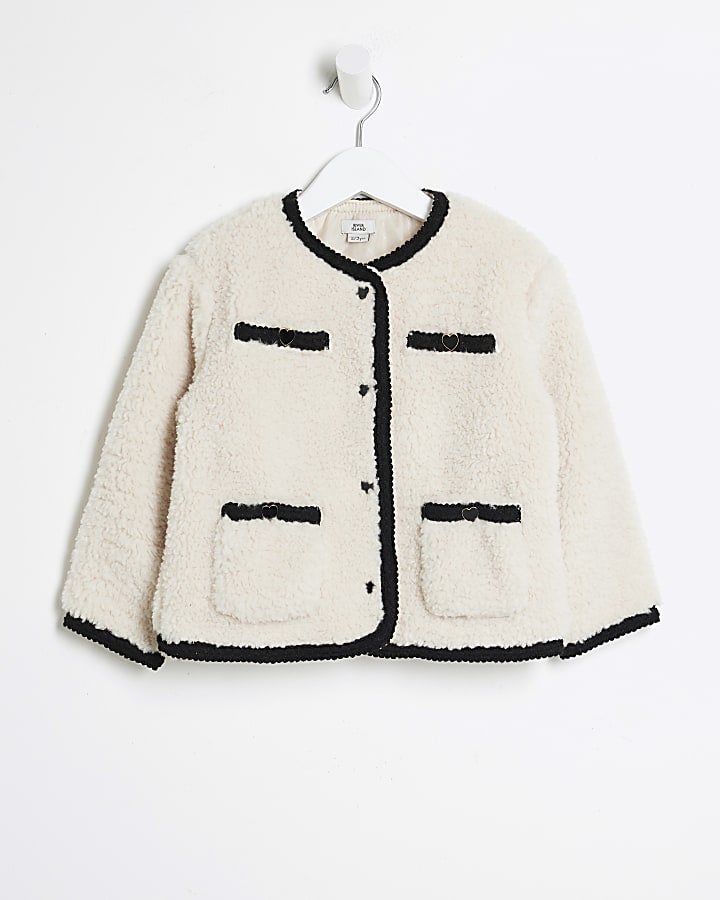 Mini girls cream borg jacket