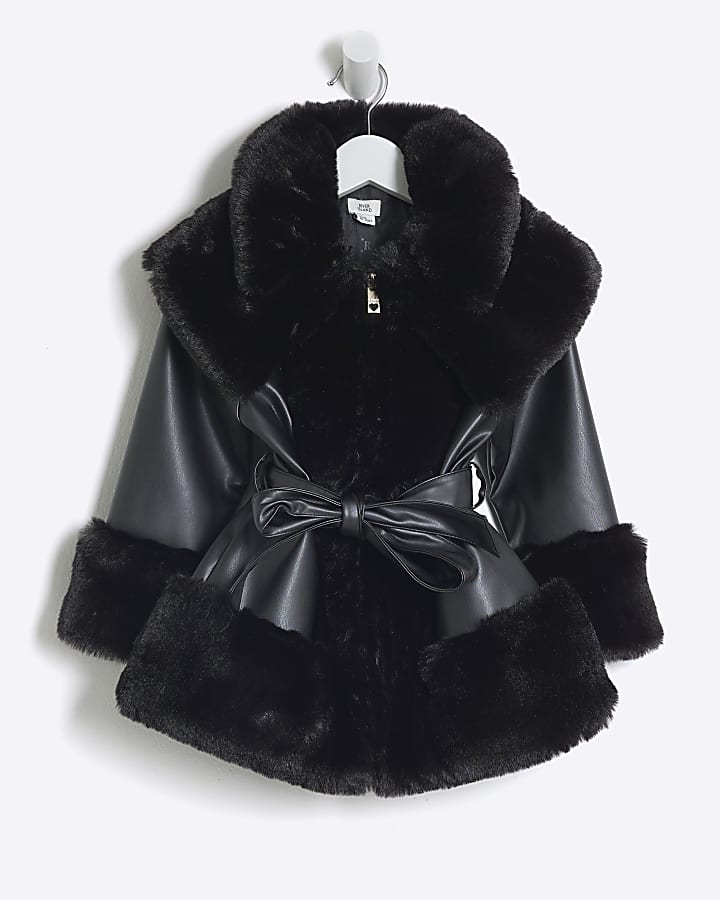 Mini Girls Black Faux Fur Belted Coat River Island