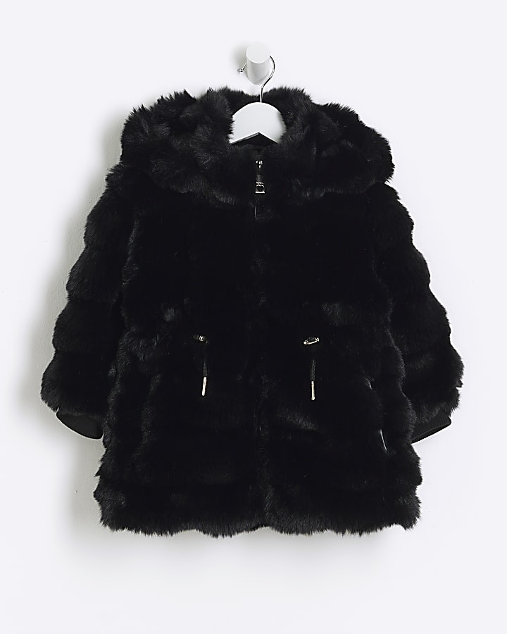 Mini girls black faux fur hooded coat