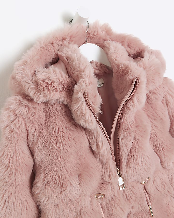 Mini girls pink faux fur hooded coat