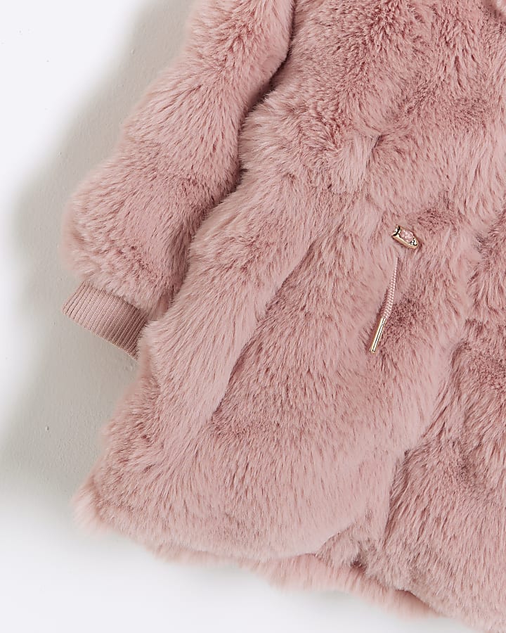 Mini girls pink faux fur hooded coat