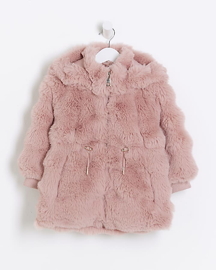 Mini girls pink faux fur hooded coat River Island