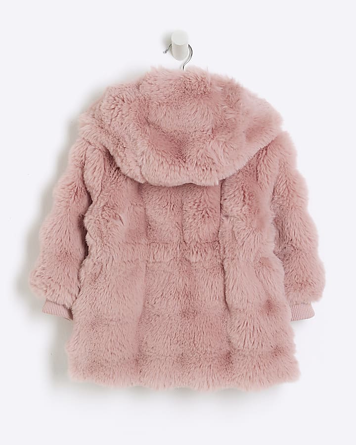 Mini girls pink faux fur hooded coat