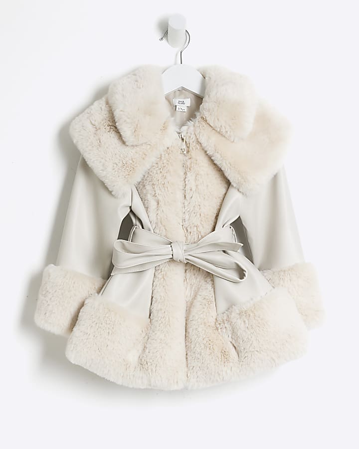 Mini Girls Cream Faux Fur Belted Coat River Island